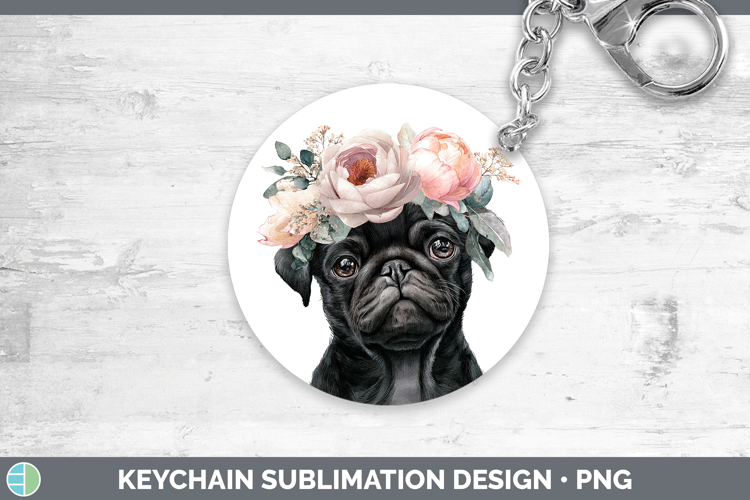Black Pug Dogs 05 Floral Crown Keychain Sublimation Design