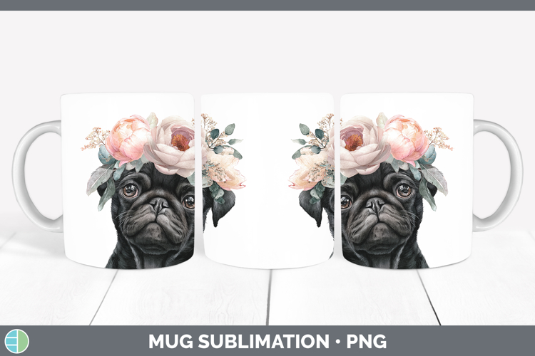 Black Pug Dogs 05 Floral Crown Mug Wrap Sublimation Design