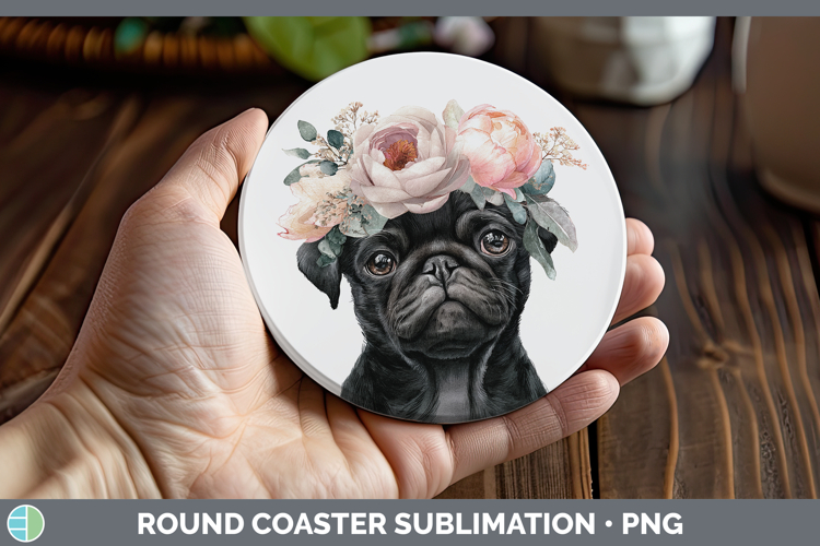 Black Pug Dogs 05 Floral Crown Round Coaster Sublimation Des