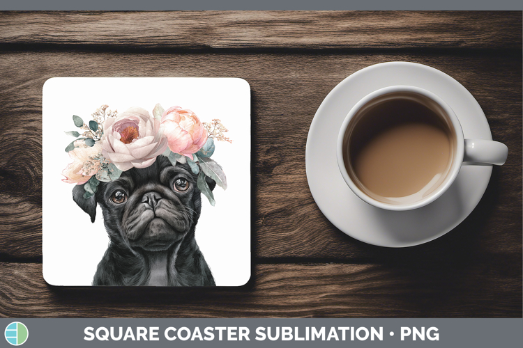 Black Pug Dogs 05 Floral Crown Square Coaster Sublimation De