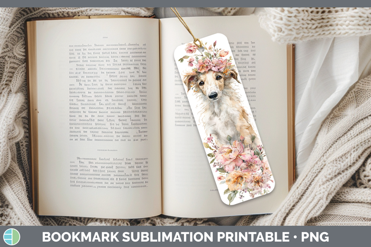 Borzoi Dogs 05 Floral Crown Bookmark Sublimation Design