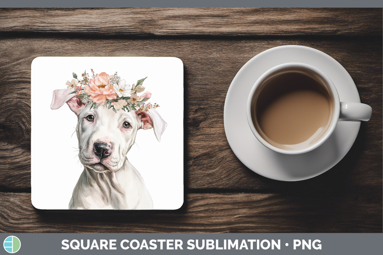 Dogo Argentino Dogs 05 Floral Crown Square Coaster Sublimati