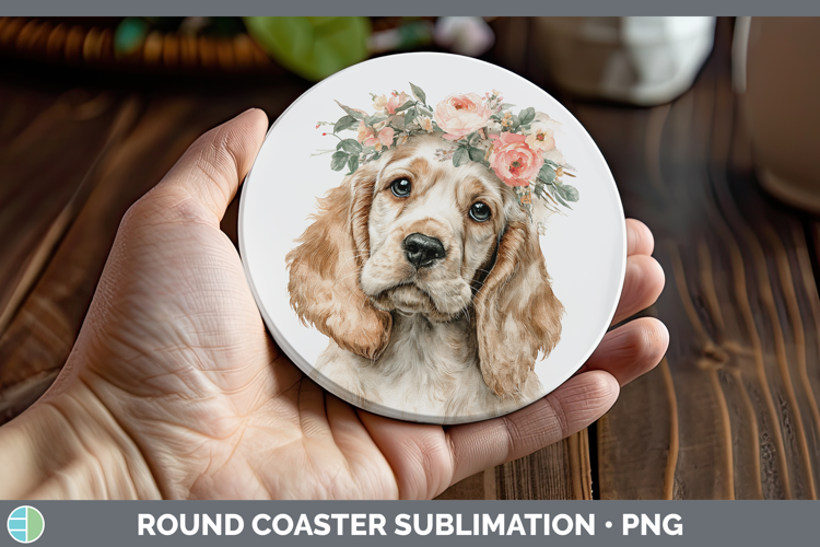 English Cocker Spaniel Dogs 05 Floral Crown Round Coaster Su