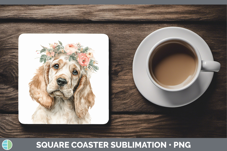 English Cocker Spaniel Dogs 05 Floral Crown Square Coaster S