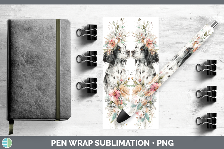 English Setter Black and White Dogs 05 Floral Crown Pen Wrap