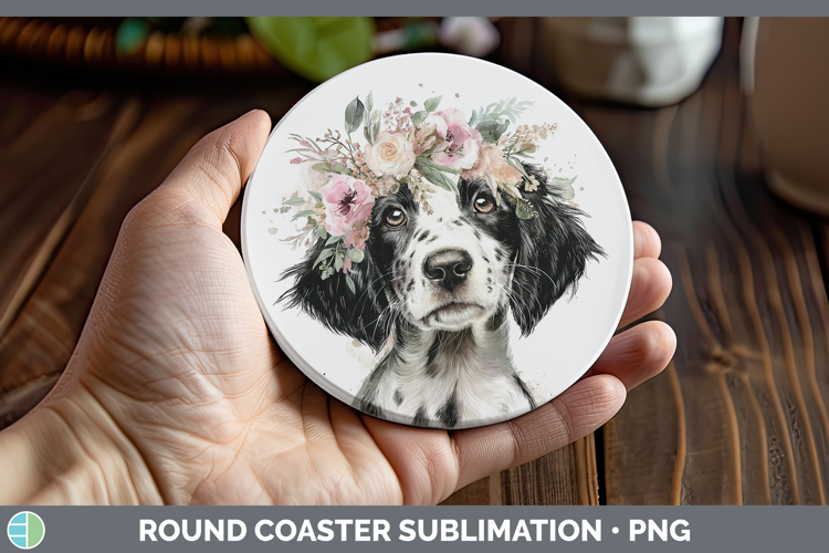 English Setter Black and White Dogs 05 Floral Crown Round Co