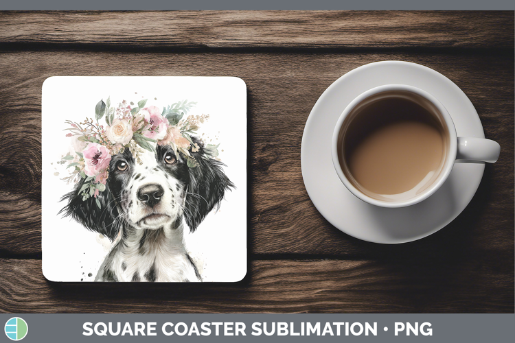 English Setter Black and White Dogs 05 Floral Crown Square C