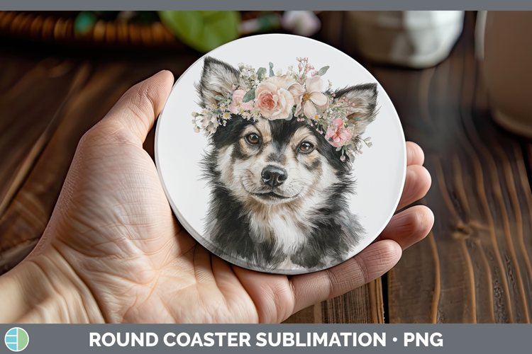 Finnish Lapphund Dogs 05 Floral Crown Round Coaster Sublimat