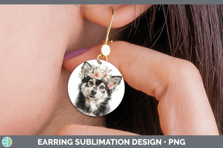 Finnish Lapphund Dogs 05 Floral Crown Round Earrings Sublima