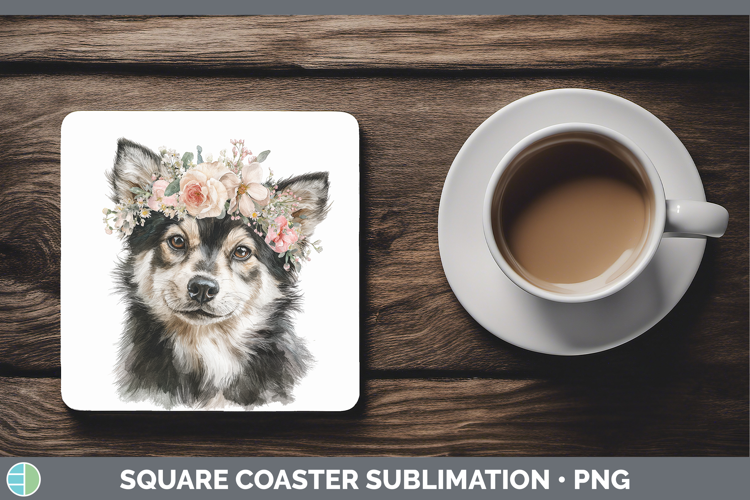 Finnish Lapphund Dogs 05 Floral Crown Square Coaster Sublima