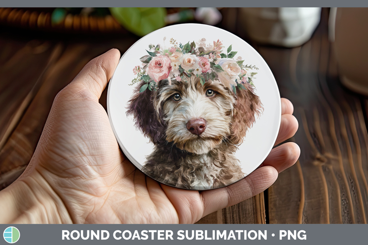 Labradoodle Dogs 05 Floral Crown Round Coaster Sublimation D