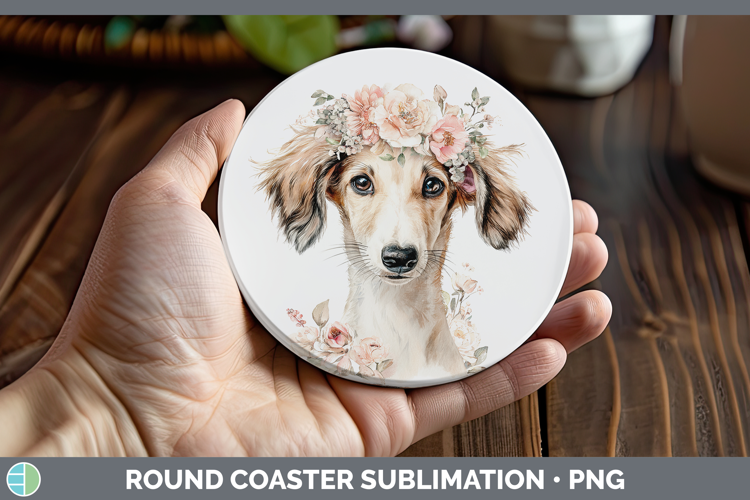 Saluki Dogs 05 Floral Crown Round Coaster Sublimation Design