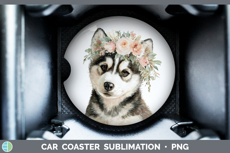 Siberian Husky Dogs 05 Floral Crown Car Coaster Sublimation