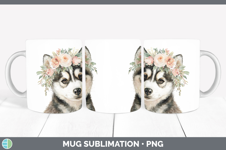 Siberian Husky Dogs 05 Floral Crown Mug Wrap Sublimation Des