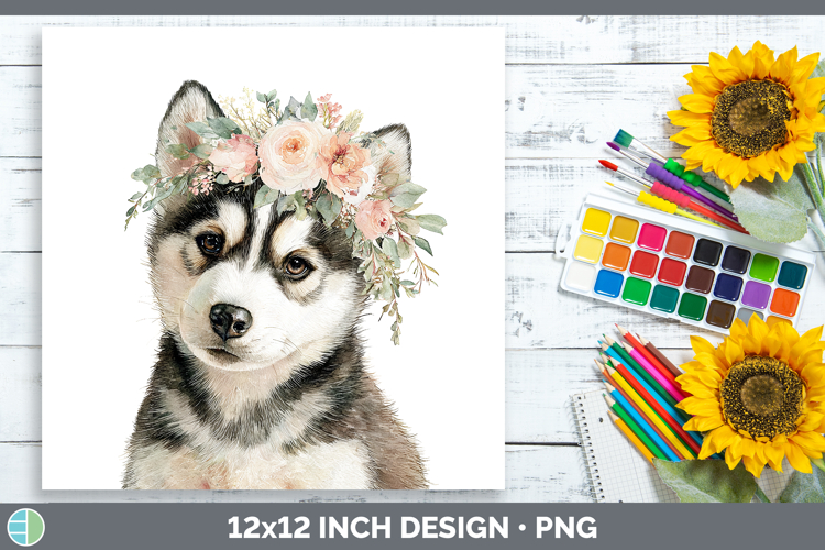 Siberian Husky Dogs 05 Floral Crown Paper Backgrounds Design