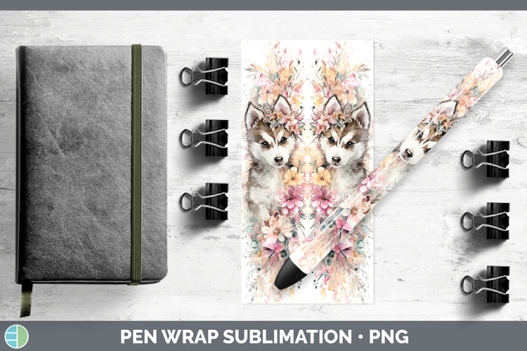 Siberian Husky Dogs 05 Floral Crown Pen Wrap Sublimation Des