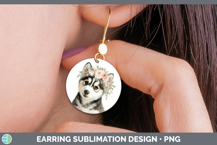 Siberian Husky Dogs 05 Floral Crown Round Earrings Sublimati