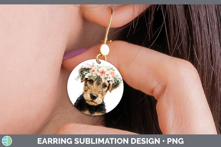 Welsh Terrier Dogs 05 Floral Crown Round Earrings Sublimatio