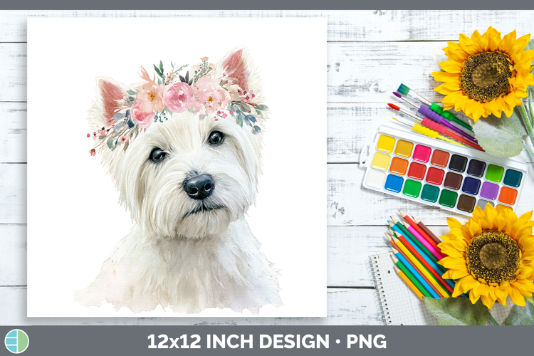 White Highland Terrier Dogs 05 Floral Crown Paper Background