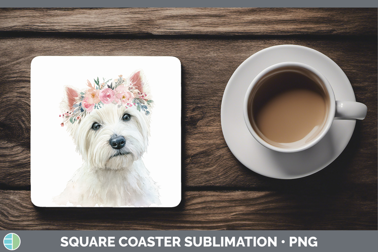 White Highland Terrier Dogs 05 Floral Crown Square Coaster S