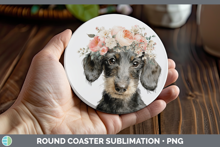 Wire Haired Dachshund Dogs 05 Floral Crown Round Coaster Sub