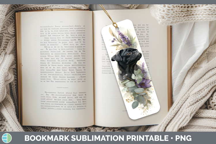 Black Pug Dogs 05 Lavender and Eucalyptus Bookmark Sublimati