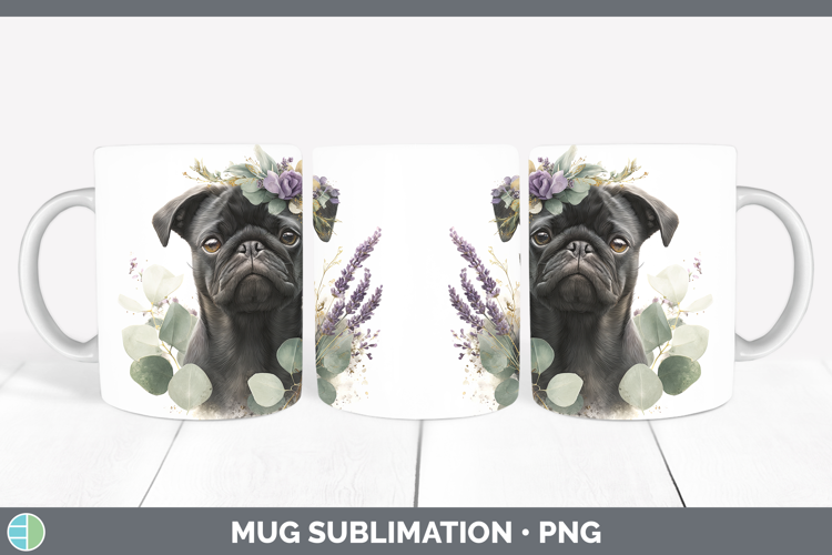 Black Pug Dogs 05 Lavender and Eucalyptus Mug Wrap Sublimati