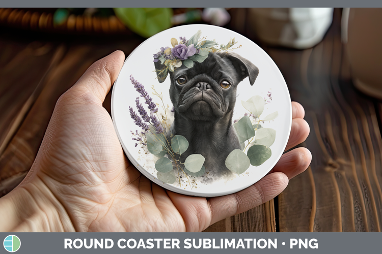 Black Pug Dogs 05 Lavender and Eucalyptus Round Coaster Subl