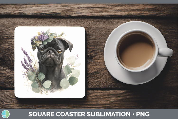 Black Pug Dogs 05 Lavender and Eucalyptus Square Coaster Sub