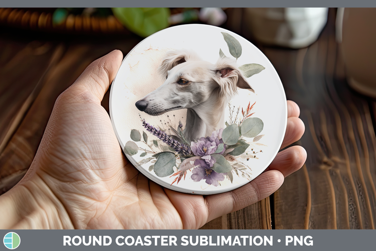 Saluki Dogs 05 Lavender and Eucalyptus Round Coaster Sublima