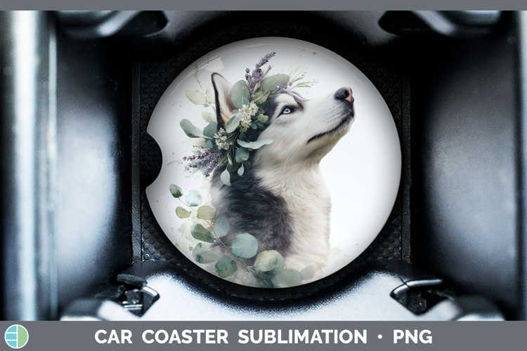 Siberian Husky Dogs 05 Lavender and Eucalyptus Car Coaster S