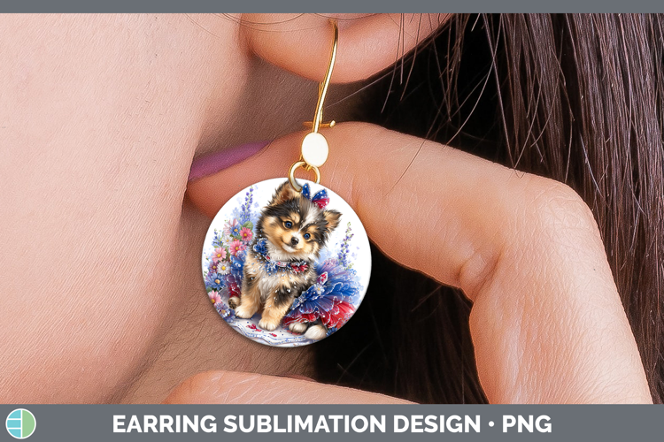 Dogs 05 Patriotic Finnish Lapphund Round Earrings Sublimatio