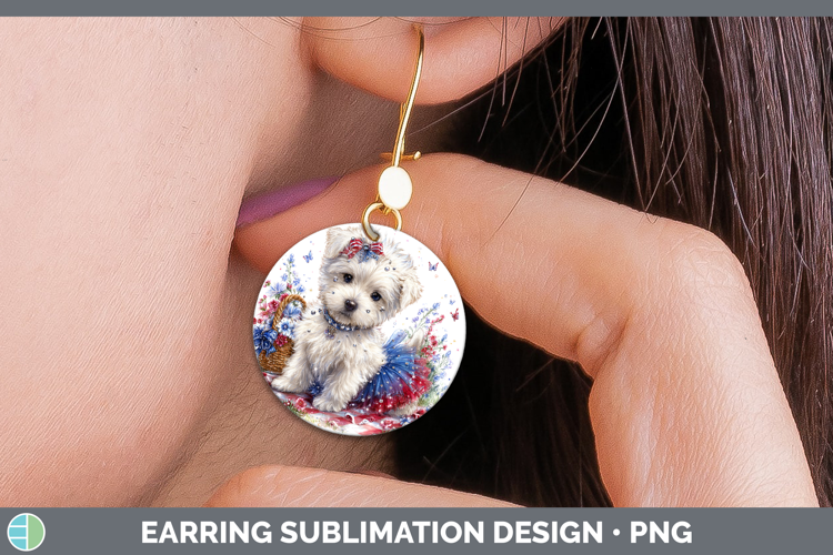 Dogs 05 Patriotic White Highland Terrier Round Earrings Subl
