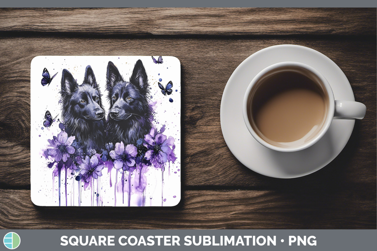 Dogs 05 Purple Drips Belgian Sheepdog Square Coaster Sublima