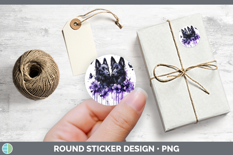 Dogs 05 Purple Drips Belgian Sheepdog Stickers | Round Label