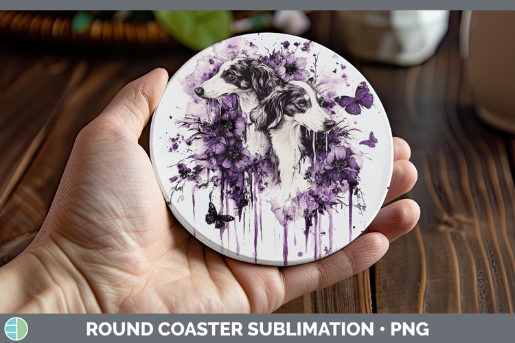 Dogs 05 Purple Drips Borzoi Round Coaster Sublimation Coaste