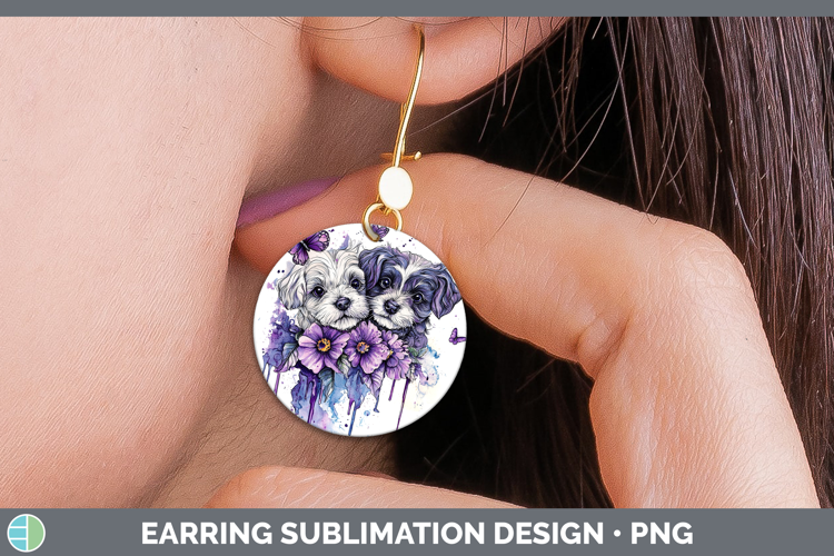 Dogs 05 Purple Drips Double Doodle Round Earrings Sublimatio