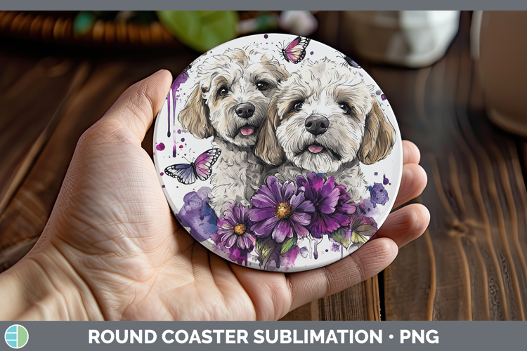 Dogs 05 Purple Drips Labradoodle Round Coaster Sublimation C