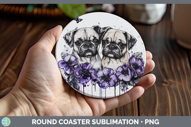 Dogs 05 Purple Drips Puggle Round Coaster Sublimation Coaste