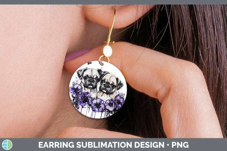 Dogs 05 Purple Drips Puggle Round Earrings Sublimation Earri