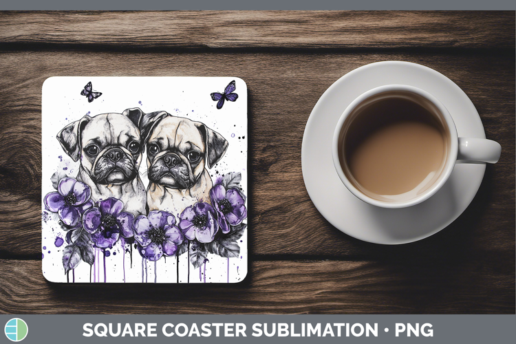 Dogs 05 Purple Drips Puggle Square Coaster Sublimation Coast