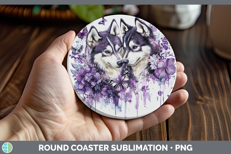 Dogs 05 Purple Drips Siberian Husky Round Coaster Sublimatio