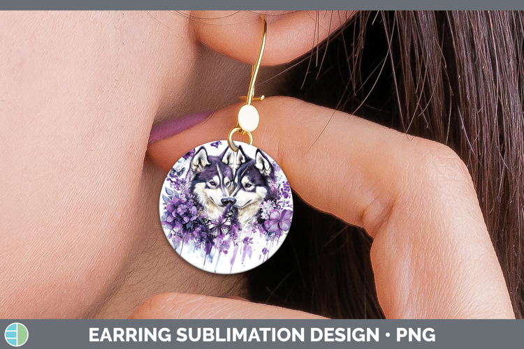Dogs 05 Purple Drips Siberian Husky Round Earrings Sublimati