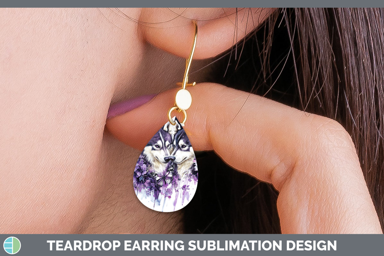 Dogs 05 Purple Drips Siberian Husky Teardrop Earrings Sublim