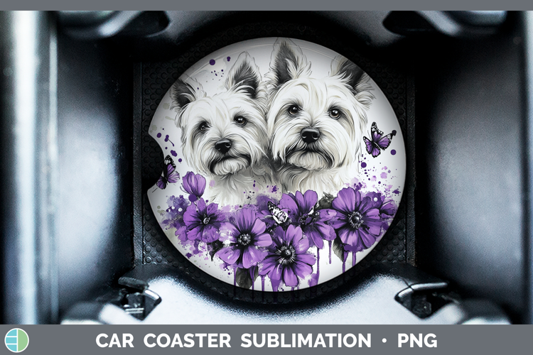 Dogs 05 Purple Drips White Highland Terrier Car Coaster Subl