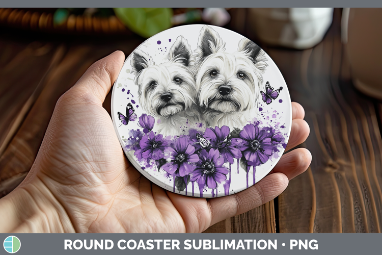 Dogs 05 Purple Drips White Highland Terrier Round Coaster Su