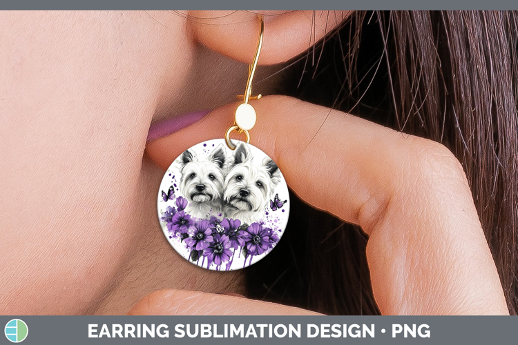 Dogs 05 Purple Drips White Highland Terrier Round Earrings S