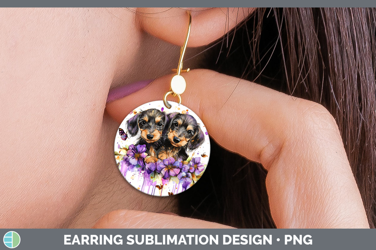 Dogs 05 Purple Drips Wire Haired Dachshund Round Earrings Su
