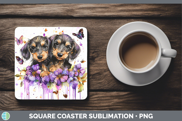 Dogs 05 Purple Drips Wire Haired Dachshund Square Coaster Su