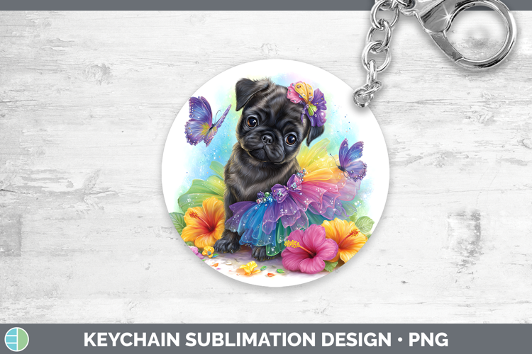 Black Pug Keychain Dogs 05 Rainbow Summer Sublimation Keyrin